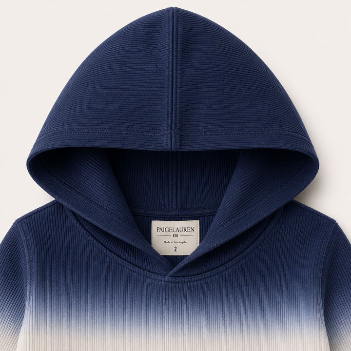 Navy Dip Dye ribbed hoodie neck and hood detail with PAIGELAUREN label