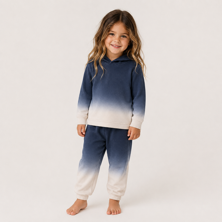Child wearing PAIGELAUREN Navy Dip Dye Ribbed Hoodie and Baggy Pant Set