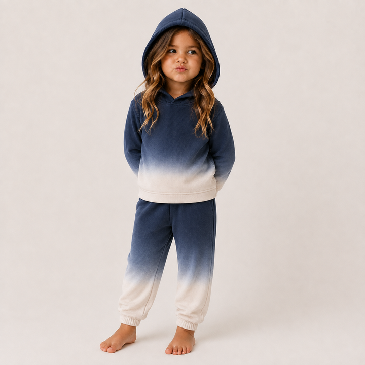 Toddler wearing PAIGELAUREN Navy Dip Dye Ribbed Hoodie and Baggy Pant Set