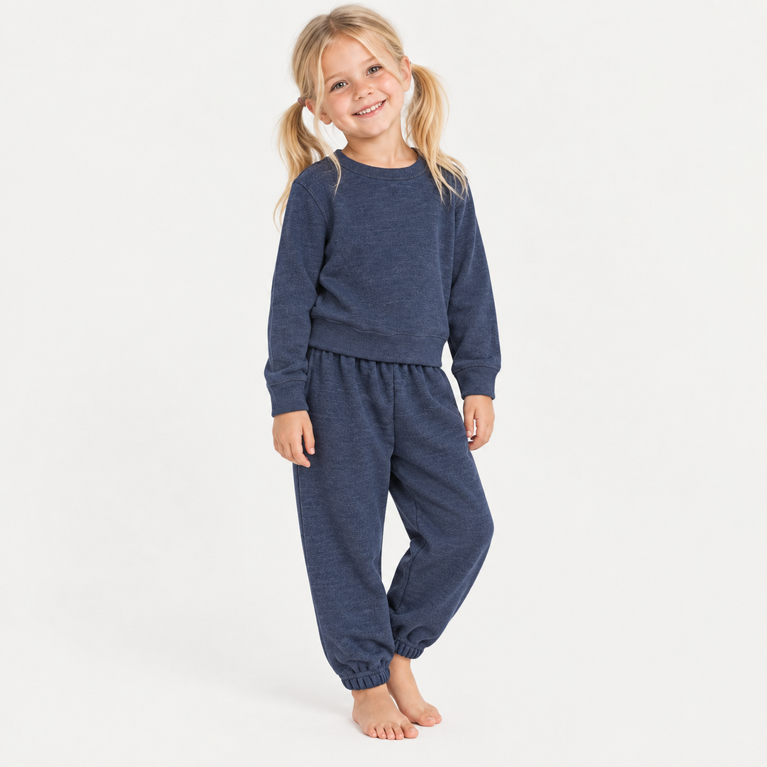 Kid wearing PAIGELAUREN Navy Fleece Sweatshirt and Sweatpant Set