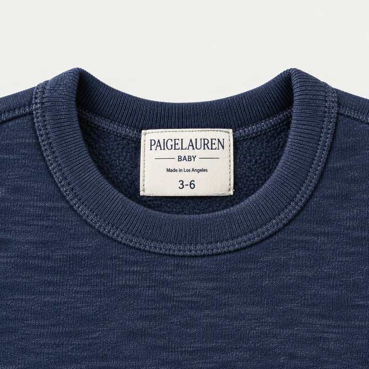 PAIGELAUREN Navy Fleece Sweatshirt crewneck, label and interior fleece detail