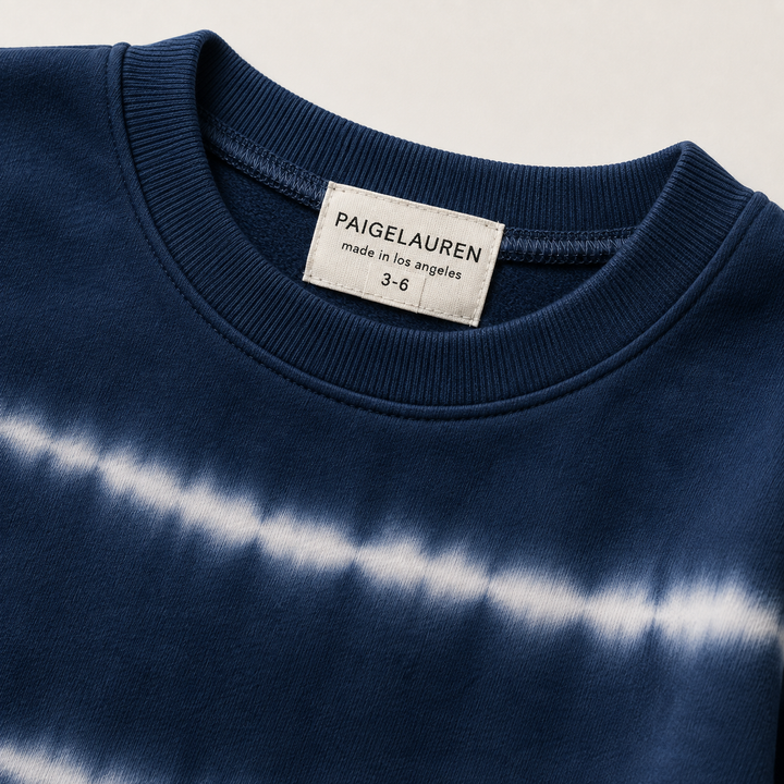PAIGELAUREN Navy Hand Dyed Stripe Rib Pullover neck and label detail