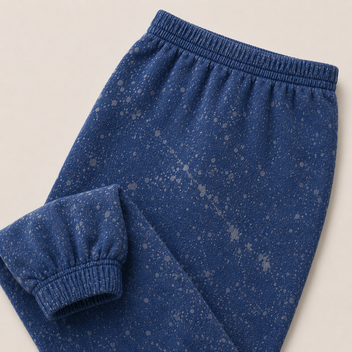 Navy Splatter Brushed Rib balloon pant with elastic waistband and ankle