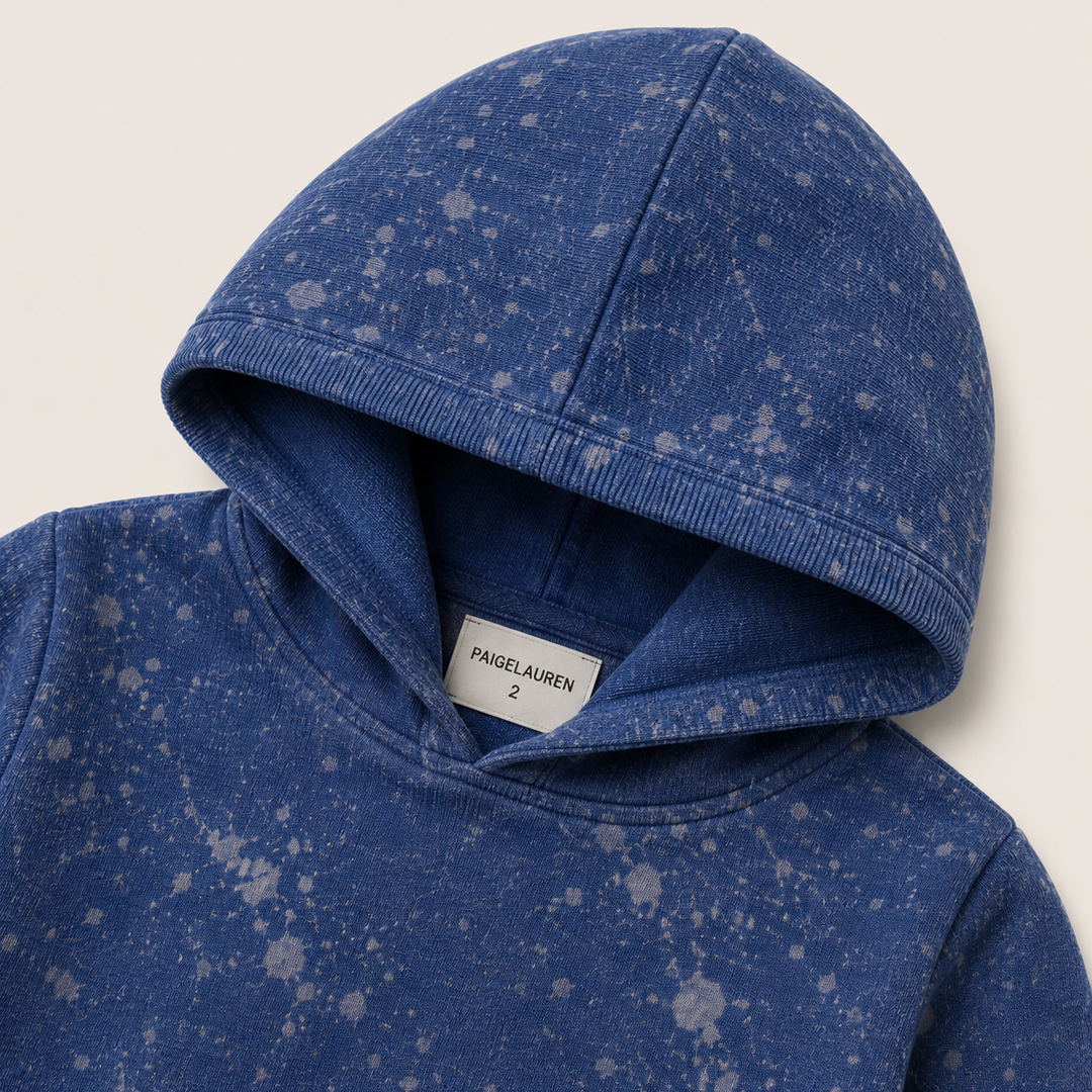 Navy Splatter Brushed Rib hoodie detail with PAIGELAUREN neck label