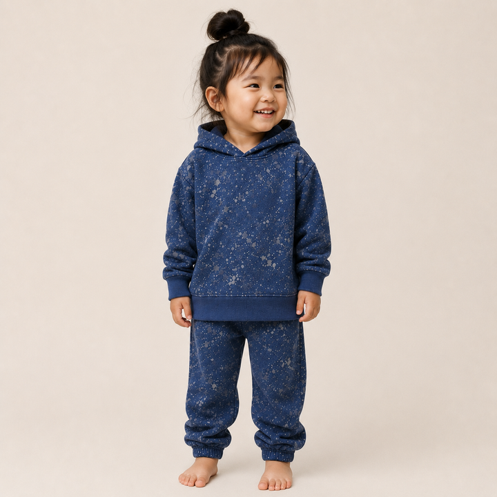 Toddler in Navy Splatter Brushed Rib Hoodie and Balloon Pant Set