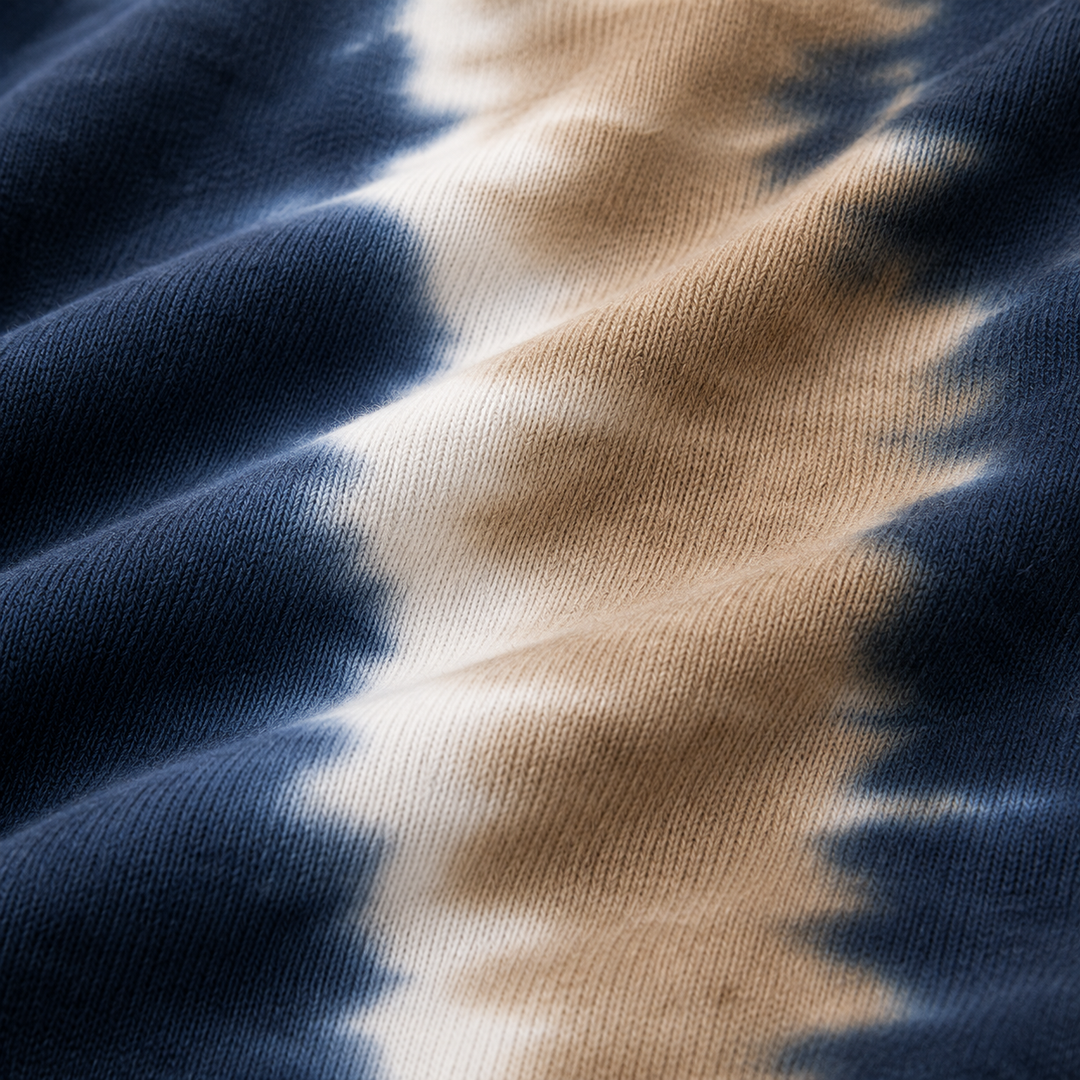 Close-up of PAIGELAUREN super soft fleece and hand-dyed Navy Tie Dye finish