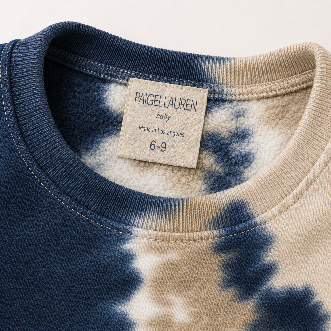 Close-up of a baby tie-dye sweatshirt by Paige Lauren, showing a cream fleece neck label reading 'PAIGEL LAUREN baby' and a navy and beige tie-dye knit body.