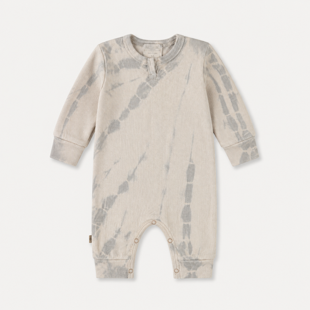 PAIGELAUREN Oat Ribbed Tonal Tie Dye Henley Romper made in Los Angeles.