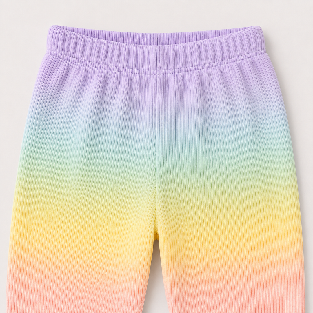 Pastel Rainbow Dip Dye ribbed baggy pant detail with elastic waistband and ankle