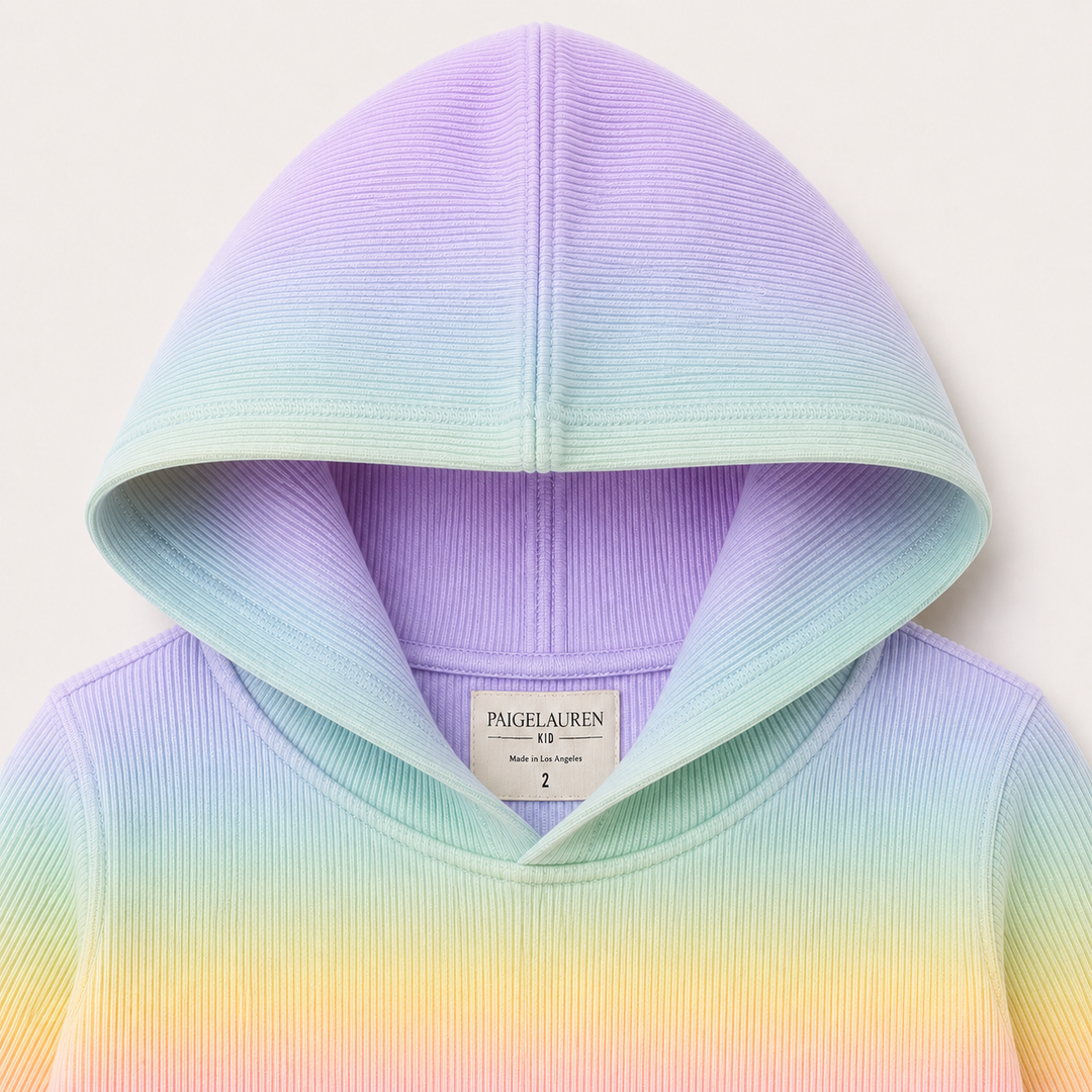 Pastel Rainbow Dip Dye ribbed hoodie neck and hood detail with PAIGELAUREN label
