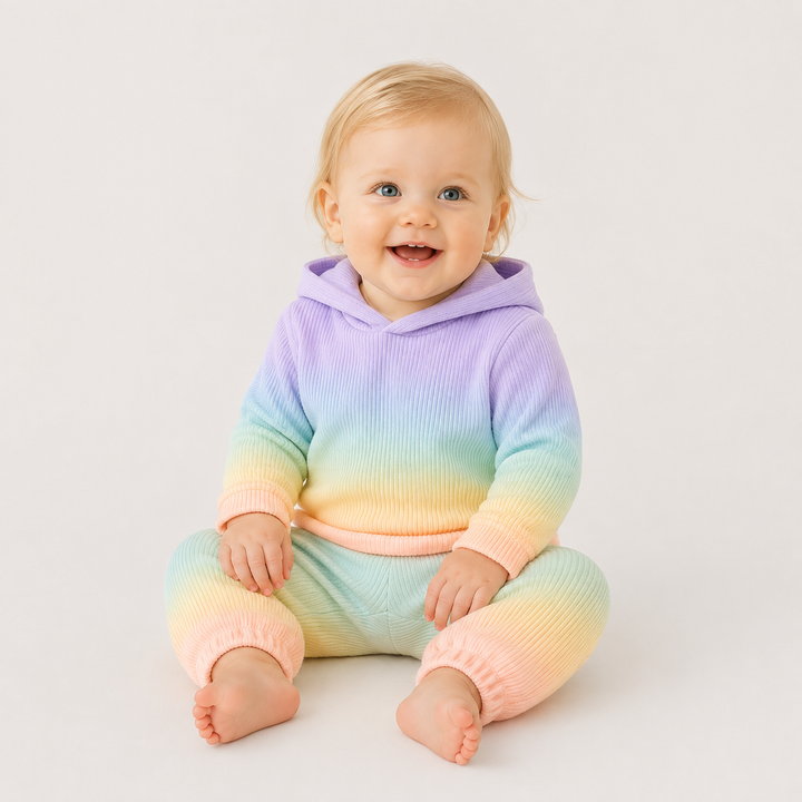 Baby sitting PAIGELAUREN Pastel Rainbow Dip Dye Ribbed Hoodie and Baggy Pant Set