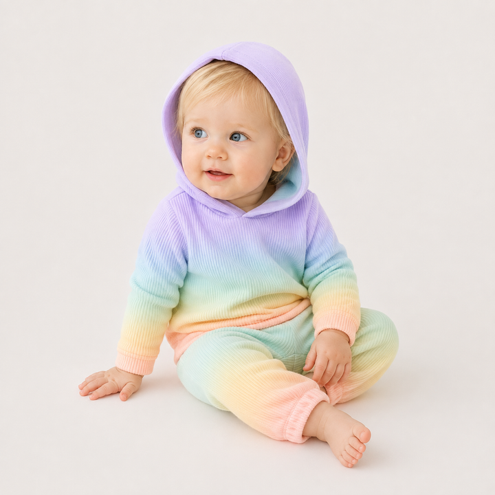 Baby wearing PAIGELAUREN Pastel Rainbow Dip Dye Ribbed Hoodie and Baggy Pant Set