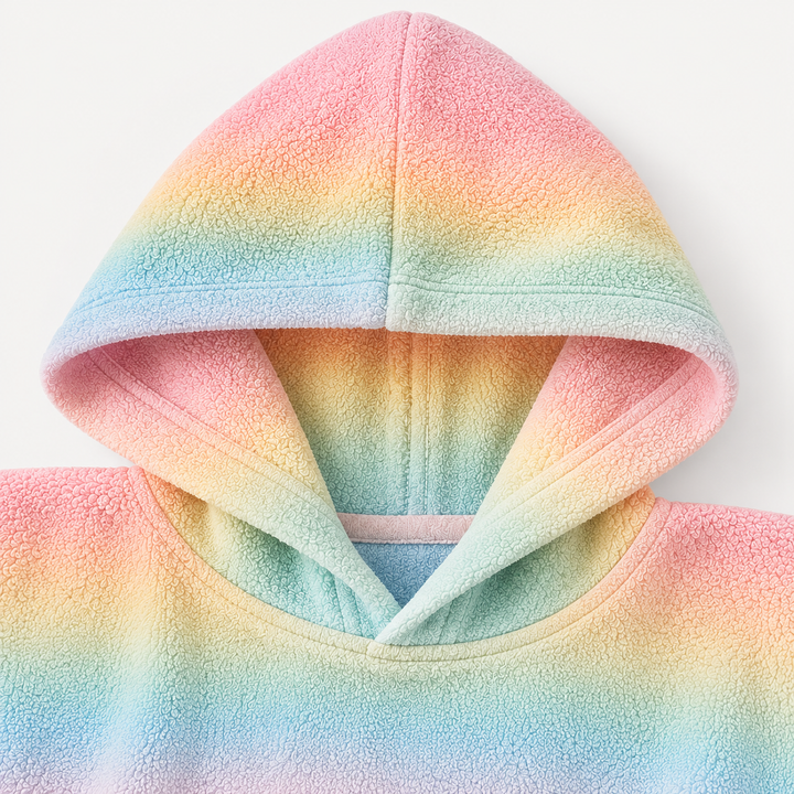 Pastel rainbow terry poncho hood and neckline showing soft textured loops and stitching