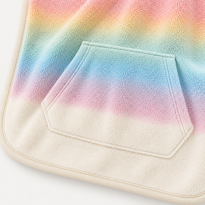 Close-up of pastel rainbow ombré terry poncho kangaroo pocket and plush loop texture