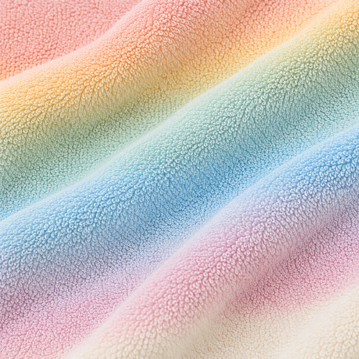 Close-up of pastel rainbow loop terry fabric in pink, peach, mint, blue and lavender