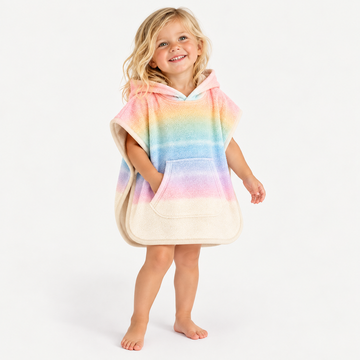 Beachy blonde toddler wearing PAIGELAUREN Pastel Rainbow Ombré Hooded Terry Poncho