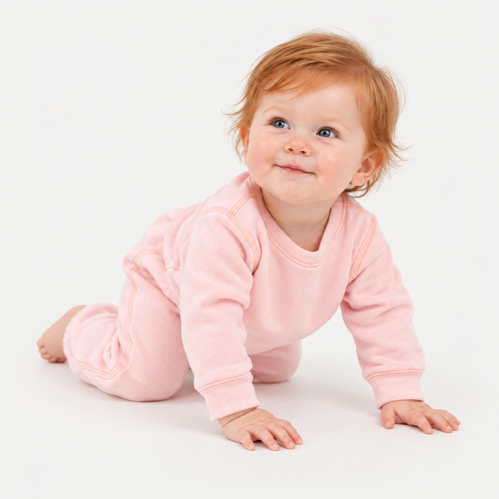 hild wearing PAIGELAUREN soft Pink Fleece Sweatshirt and Sweatpant Set