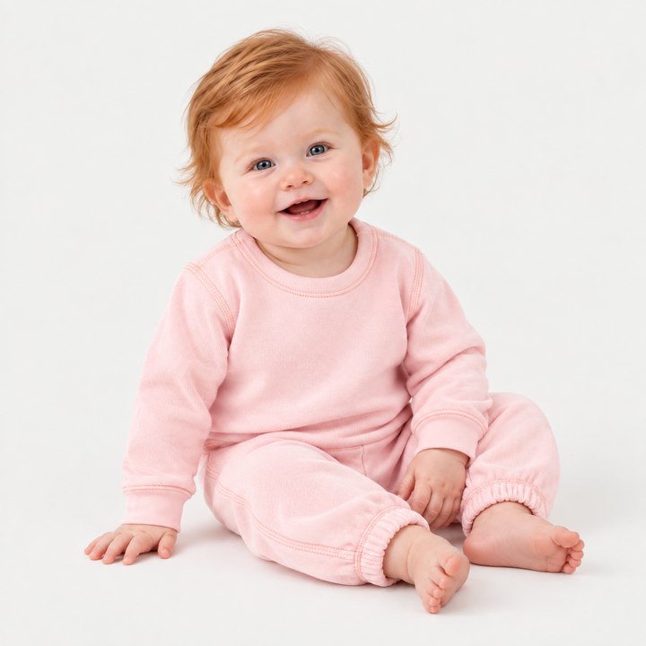 Baby wearing PAIGELAUREN Pink Fleece Sweatshirt and Sweatpant Set