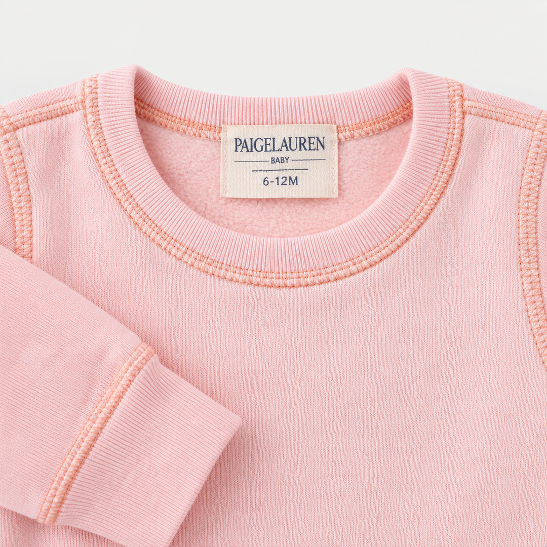 PAIGELAUREN Pink Fleece Sweatshirt crewneck, label and interior fleece detail