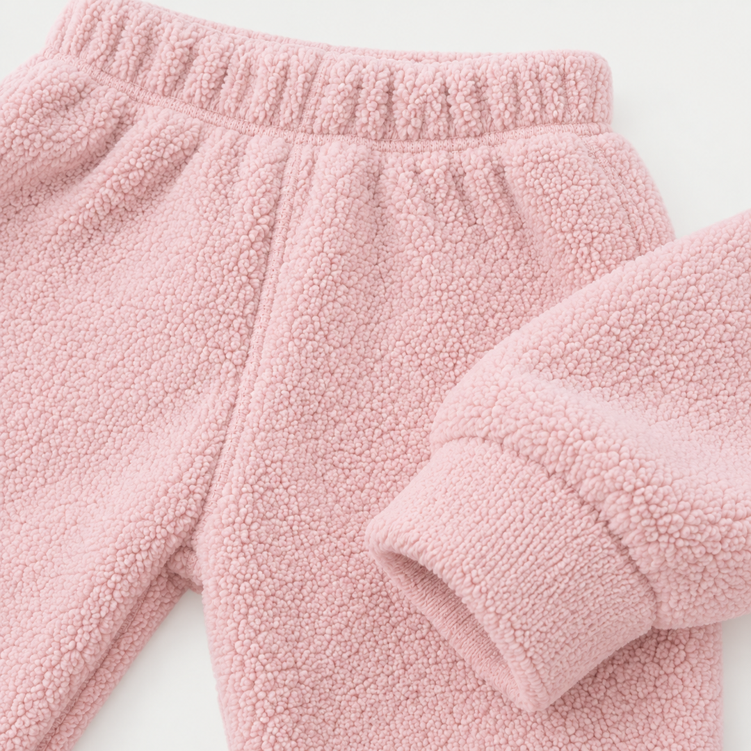 Pink Fluffy Sherpa jogger elastic waistband and ribbed cuff detail