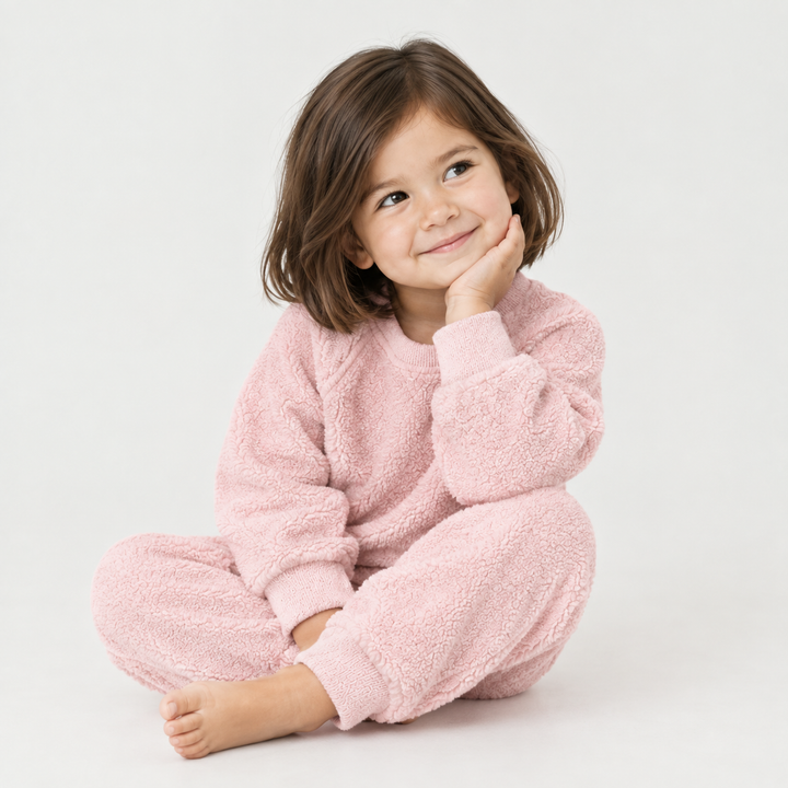 PAIGELAUREN Pink Fluffy Sherpa matching sweatshirt and jogger set on child