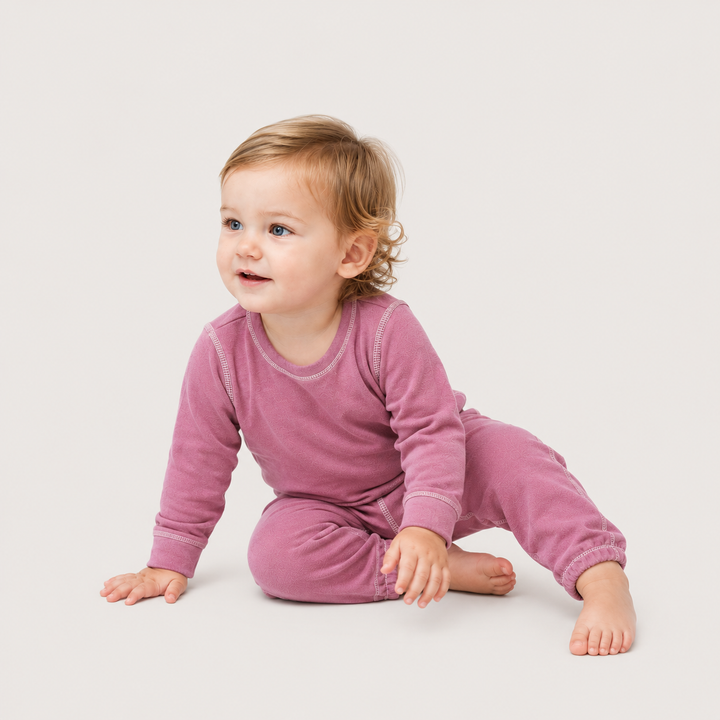 baby wearing PAIGELAUREN Lightweight Pink Hacci Pullover & Pant Loungewear Set
