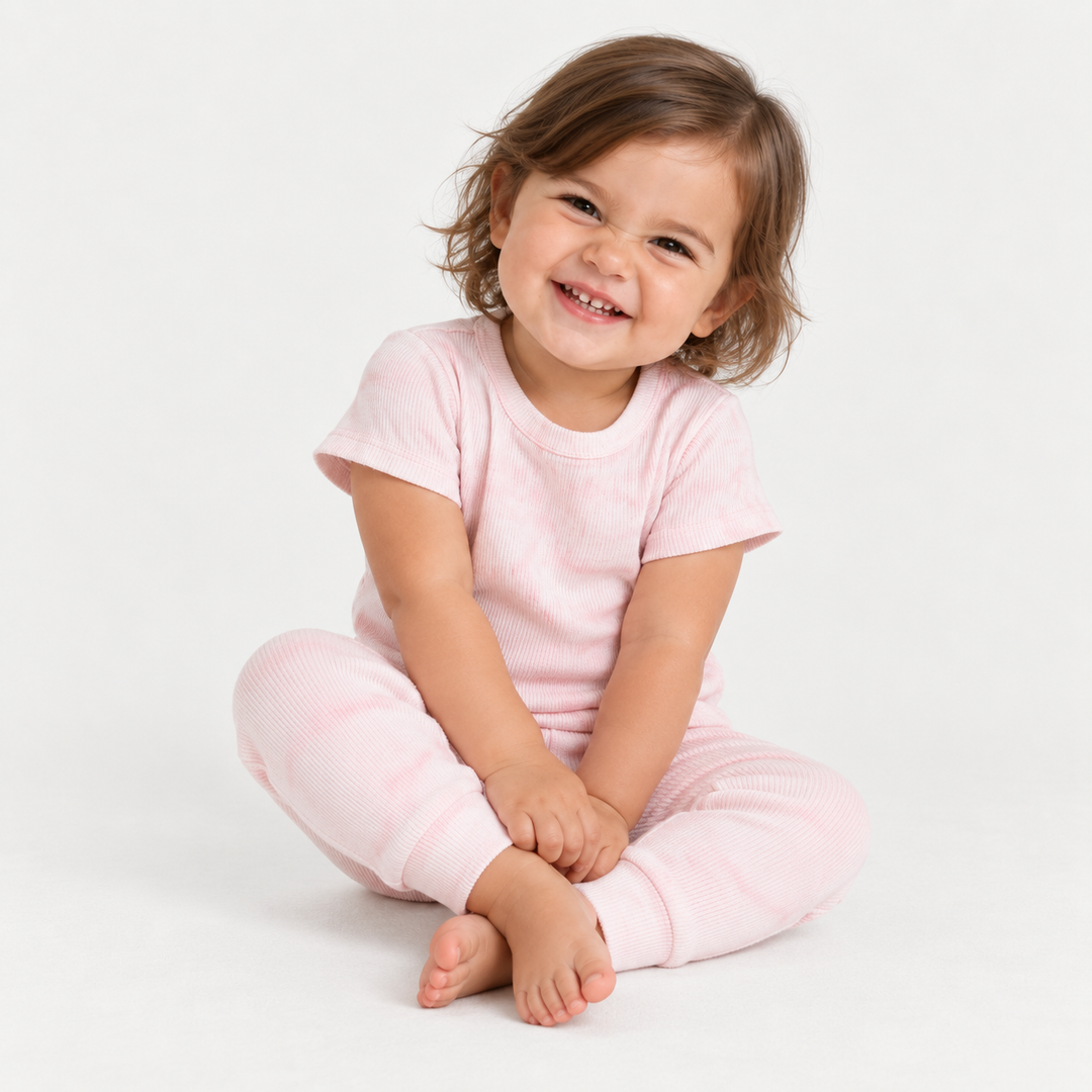 Toddler seated in PAIGELAUREN Pink Marble 2x1 Rib Tee + Legging Set