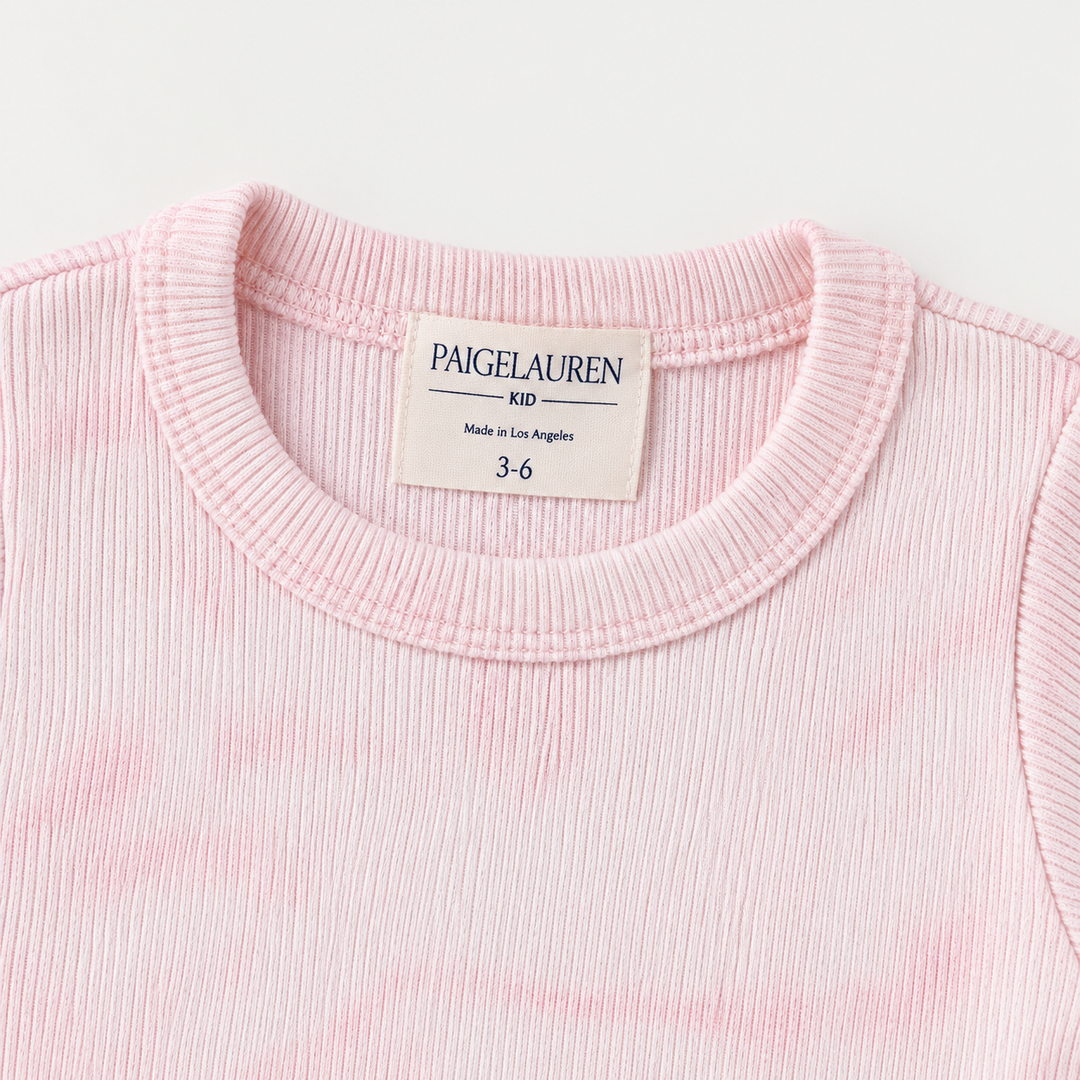 PAIGELAUREN Pink Marble 2x1 Rib Tee neckline and label detail