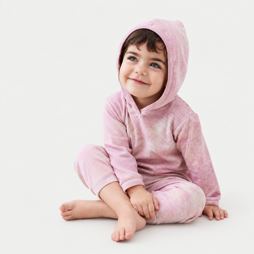 Toddler wearing PAIGELAUREN Pink Marble Stripe Hoodie + Pant Set