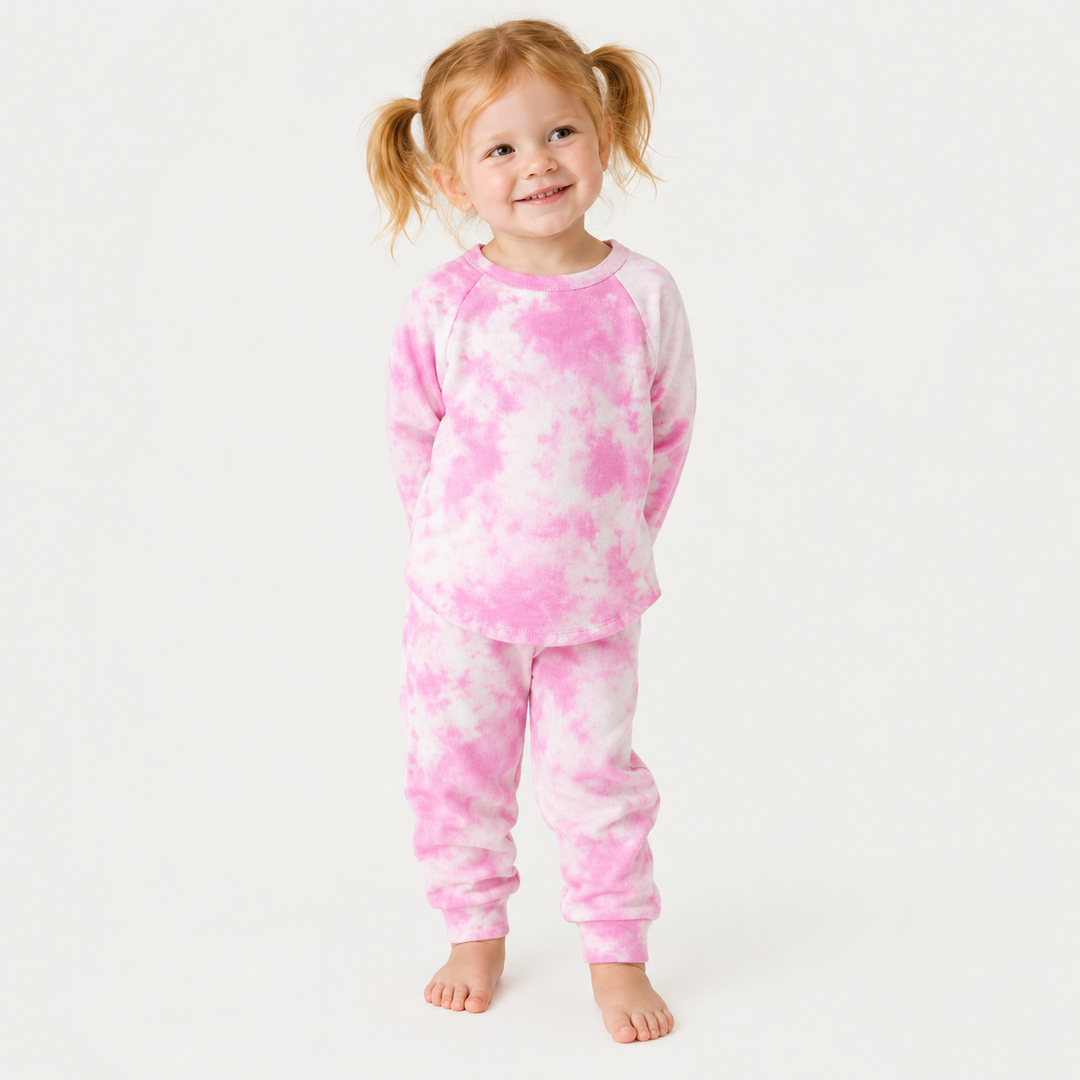 Toddler in pink marble long sleeve raglan tee and jogger set by PAIGELAUREN