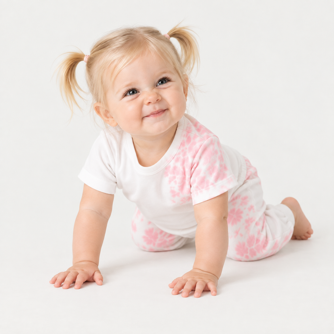 Baby girl crawling in PAIGELAUREN Pink and White Tie Dye Ribbed Tee and Legging Set