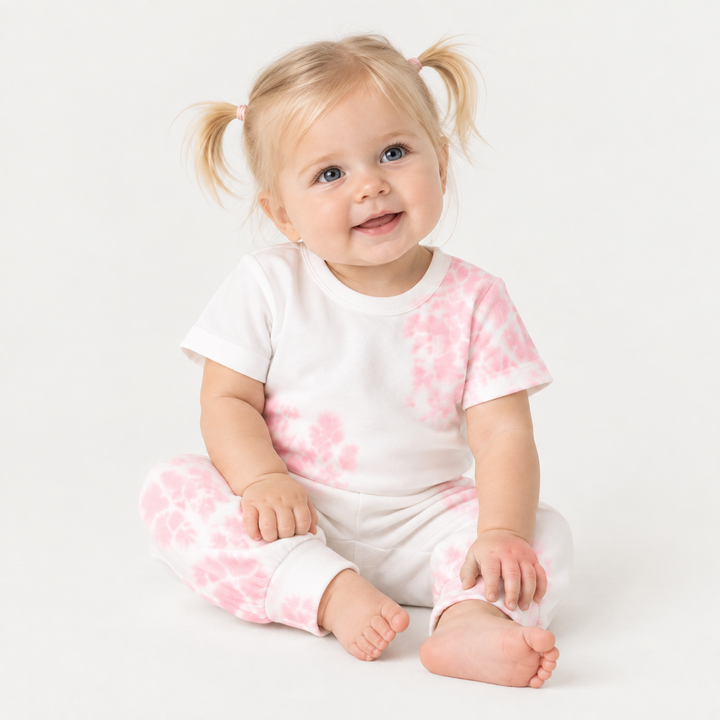 Baby girl wearing PAIGELAUREN Pink and White Tie Dye Ribbed Tee and Legging Set