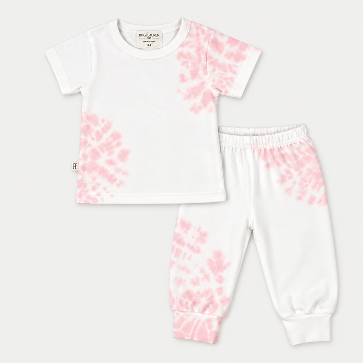 PAIGELAUREN Tie Dye Ribbed Tee and Legging Set in Pink and White