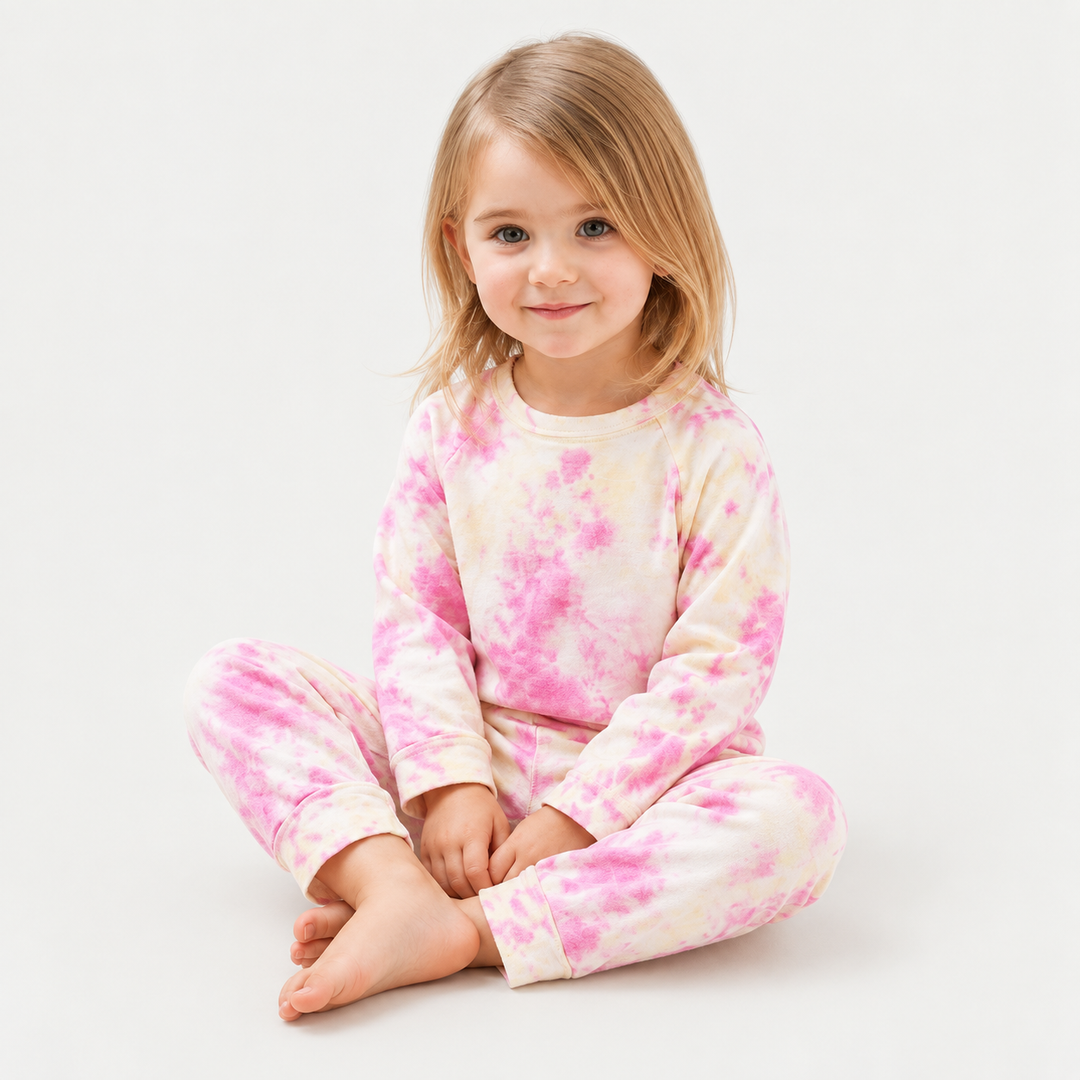 Child wearing PAIGELAUREN pink and yellow French terry tee and jogger
