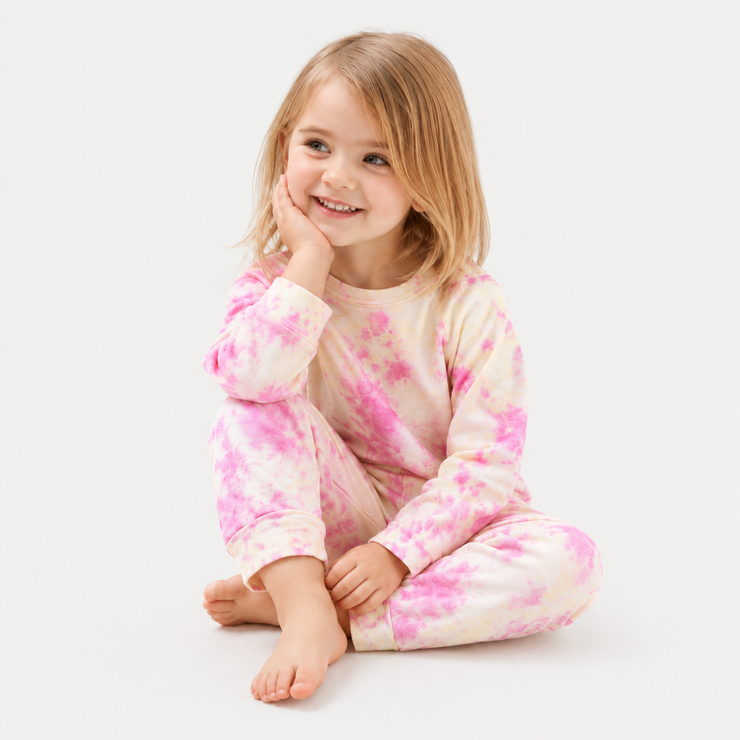 Child in pink and yellow French terry tee and jogger set by PAIGELAUREN