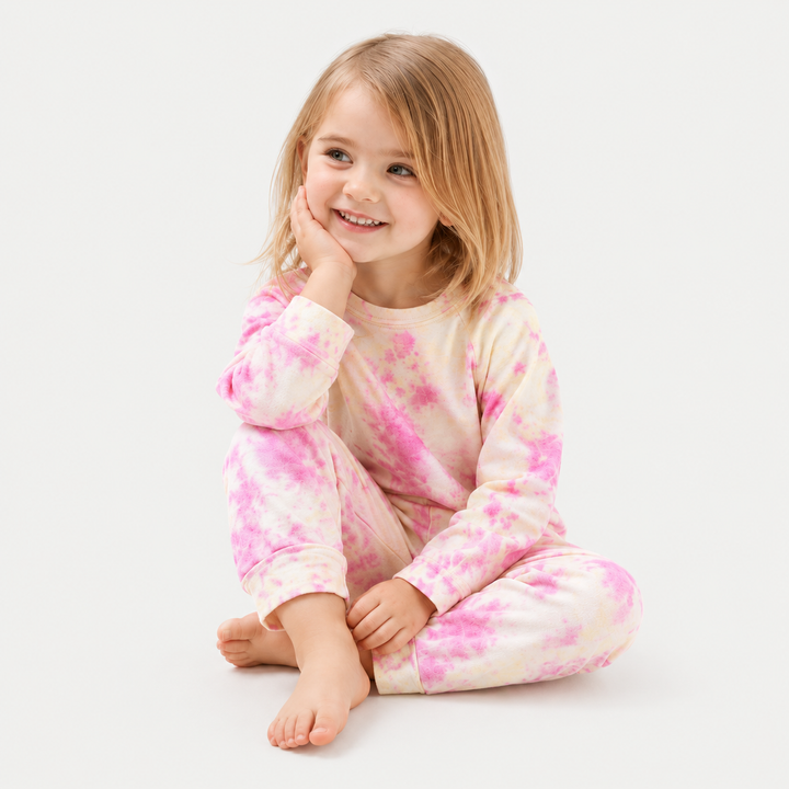 Child in pink and yellow French terry tee and jogger set by PAIGELAUREN