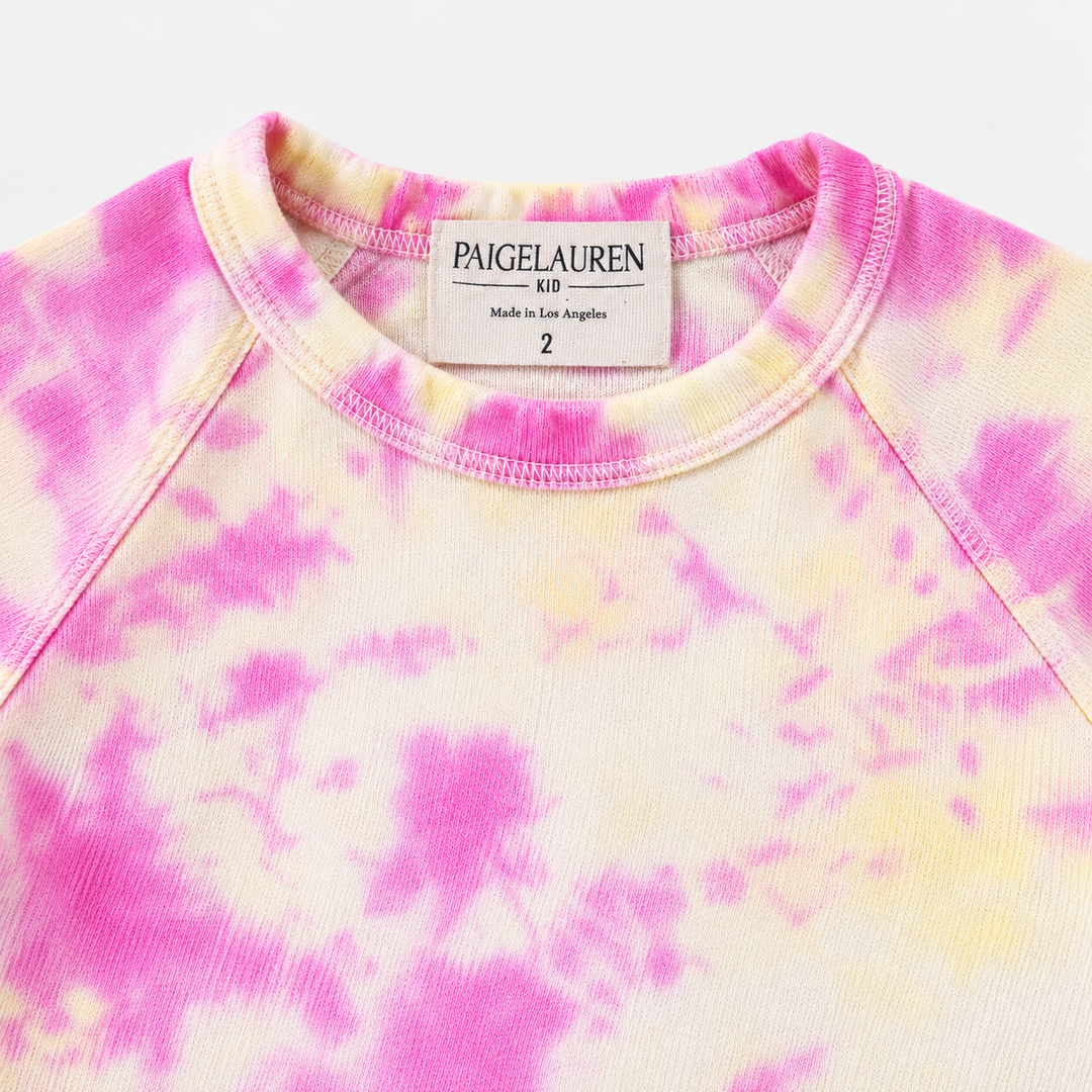 Pink and yellow French terry raglan neckline and PAIGELAUREN label detail