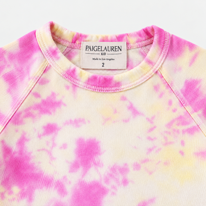 Pink and yellow French terry raglan neckline and PAIGELAUREN label detail