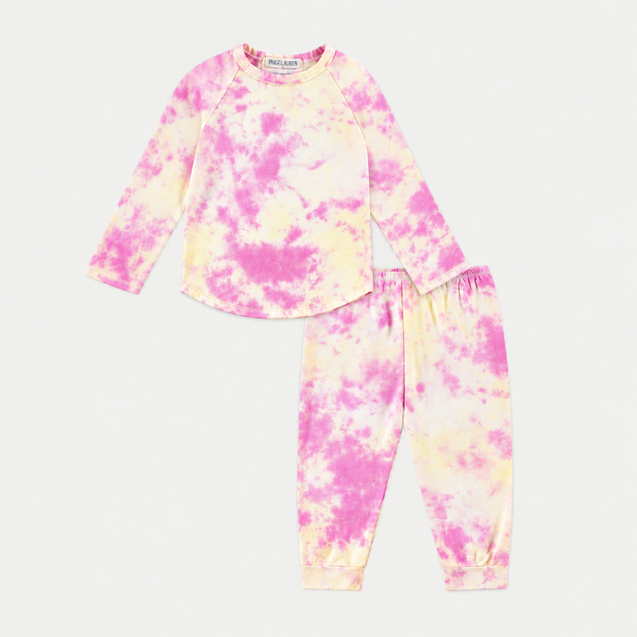 PAIGELAUREN pink and yellow French terry 3/4 sleeve raglan tee and jogger set
