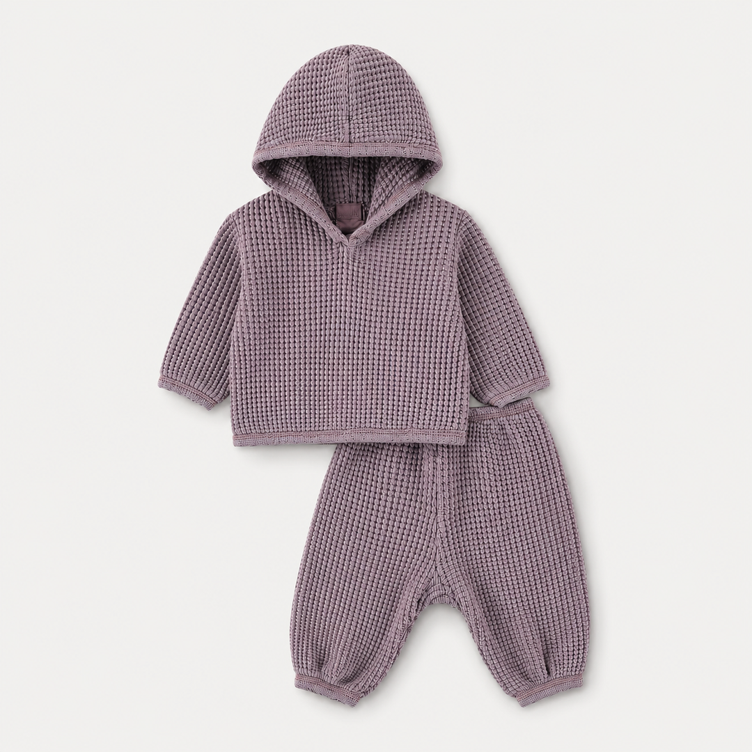 PAIGELAUREN Plum Chunky Thermal Hoodie + Baggy Pant Set for babies and toddlers, featuring textured waffle knit fabric, a pullover hooded sweatshirt, and matching relaxed-fit pants. Made in Los Angeles.