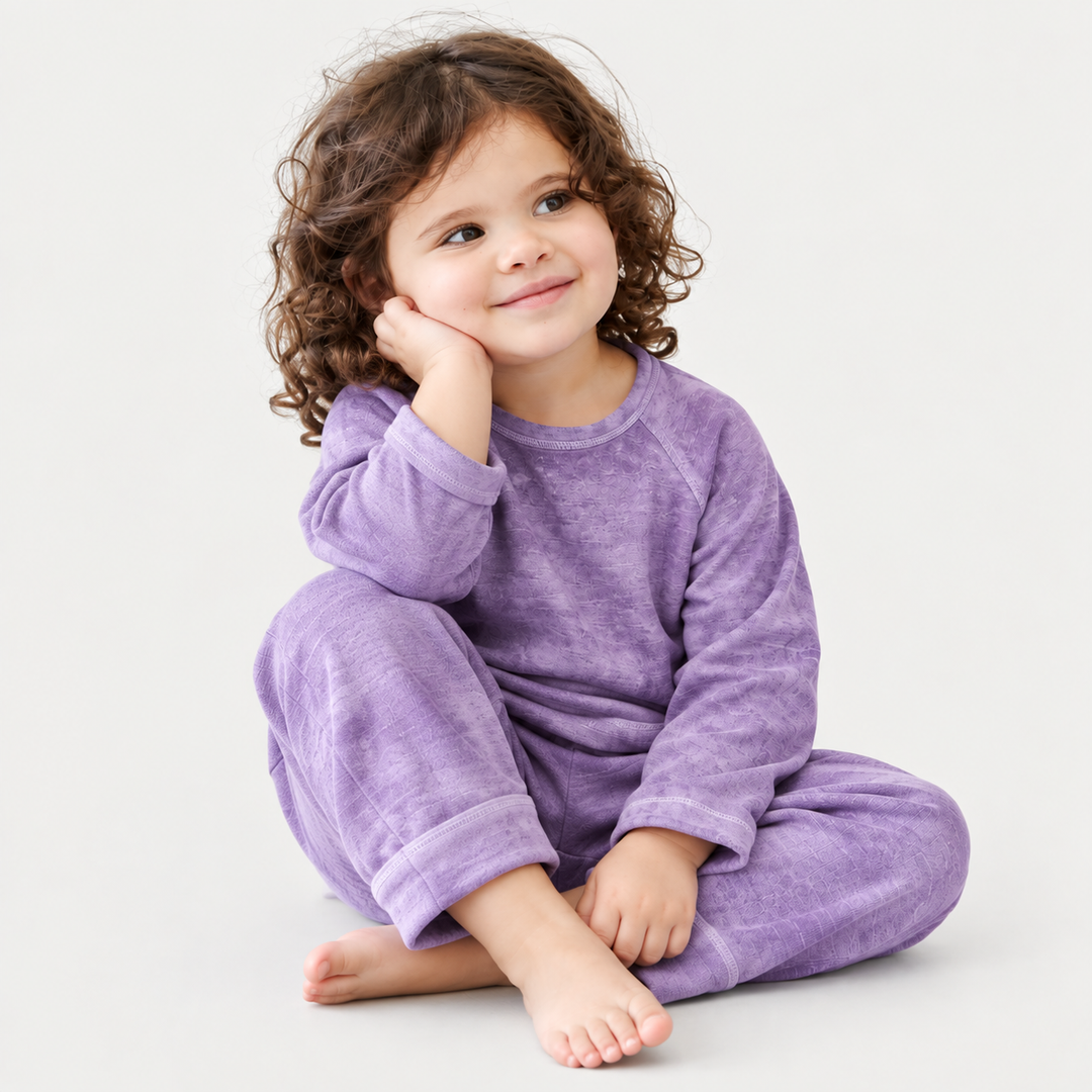 Child in purple marble slub rib raglan tee and jogger by PAIGELAUREN
