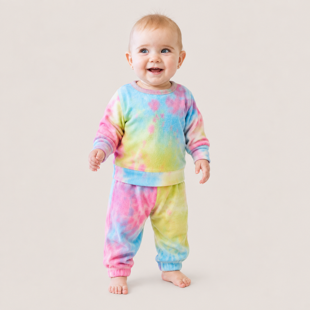 Baby wearing PAIGELAUREN Rainbow Brushed Hacci Tie Dye Pullover and Pant Set