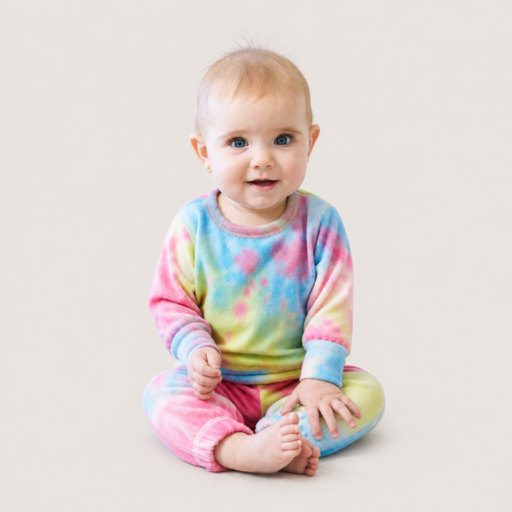Baby wearing PAIGELAUREN Rainbow Brushed Hacci Tie Dye Pullover and Pant Set