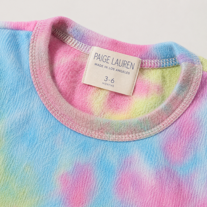 Rainbow Brushed Hacci Tie Dye pullover neck and PAIGELAUREN label detail