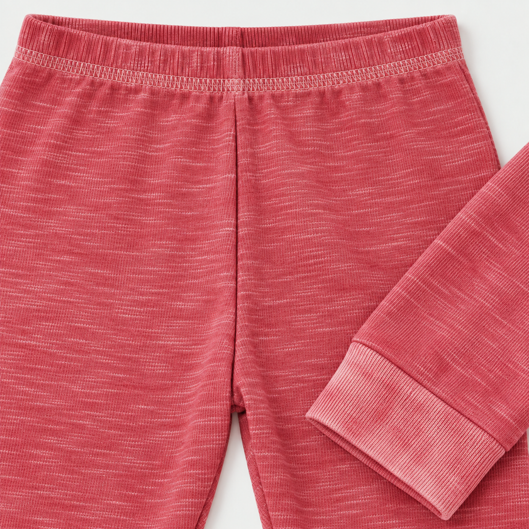 Red marble slub rib jogger waistband, fabric and cuff detail