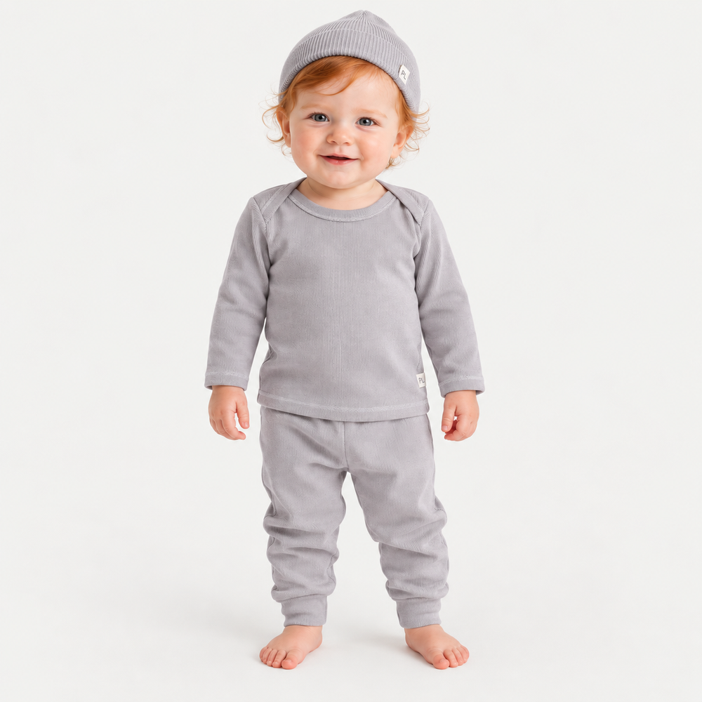 Baby wearing PAIGELAUREN Gray Rib Beanie, Lap Tee + Legging Set