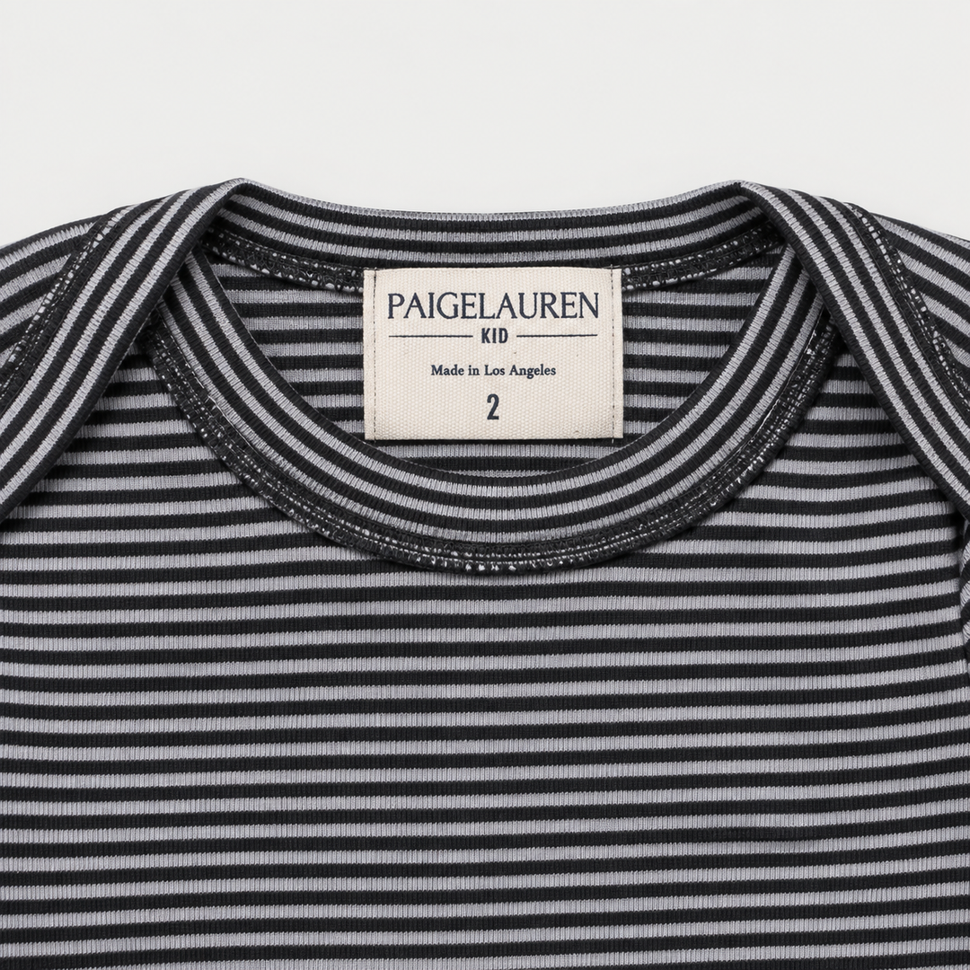 PAIGELAUREN Black Stripe Rib Lap Tee lap shoulder neckline and label detail