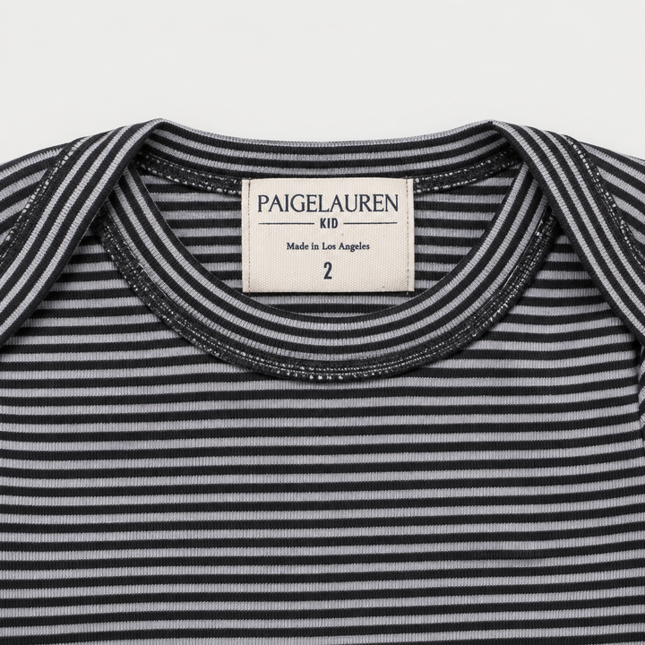 PAIGELAUREN Black Stripe Rib Lap Tee lap shoulder neckline and label detail