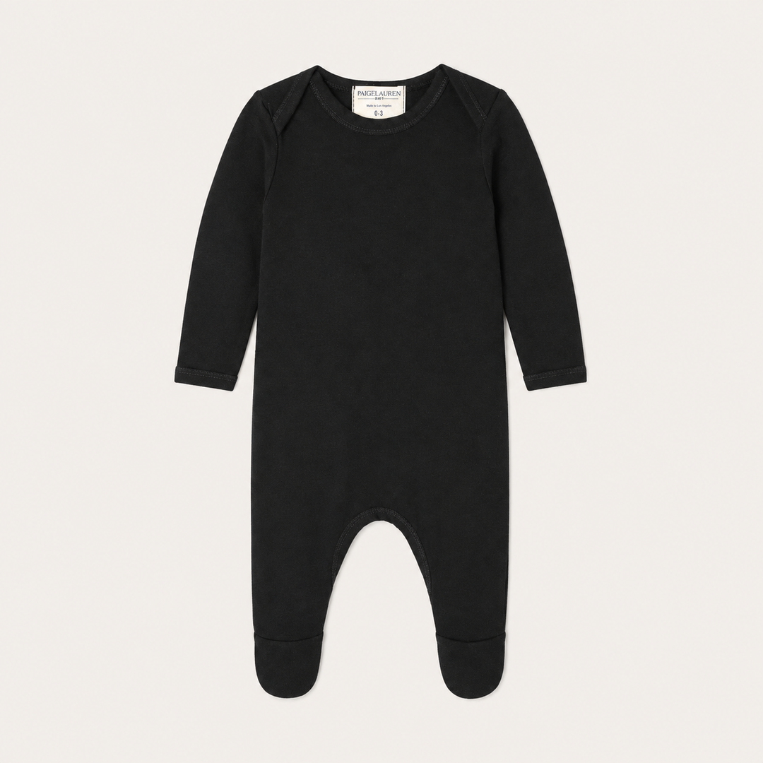 PAIGELAUREN Rib Lap Tee Footie Pajama in Black with soft rib fabric and built-in footies