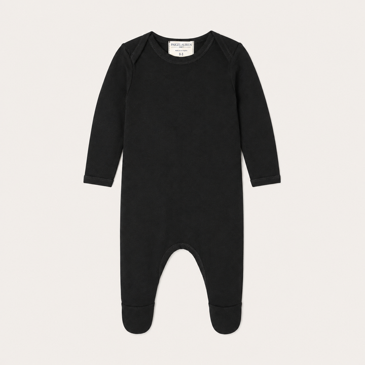 PAIGELAUREN Rib Lap Tee Footie Pajama in Black with soft rib fabric and built-in footies